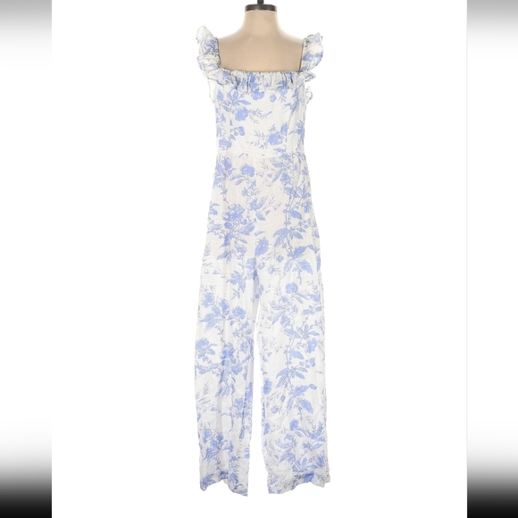 & Other stories floral white and blue 100% linen Jumpsuit size 6 - Picture 6 of 14